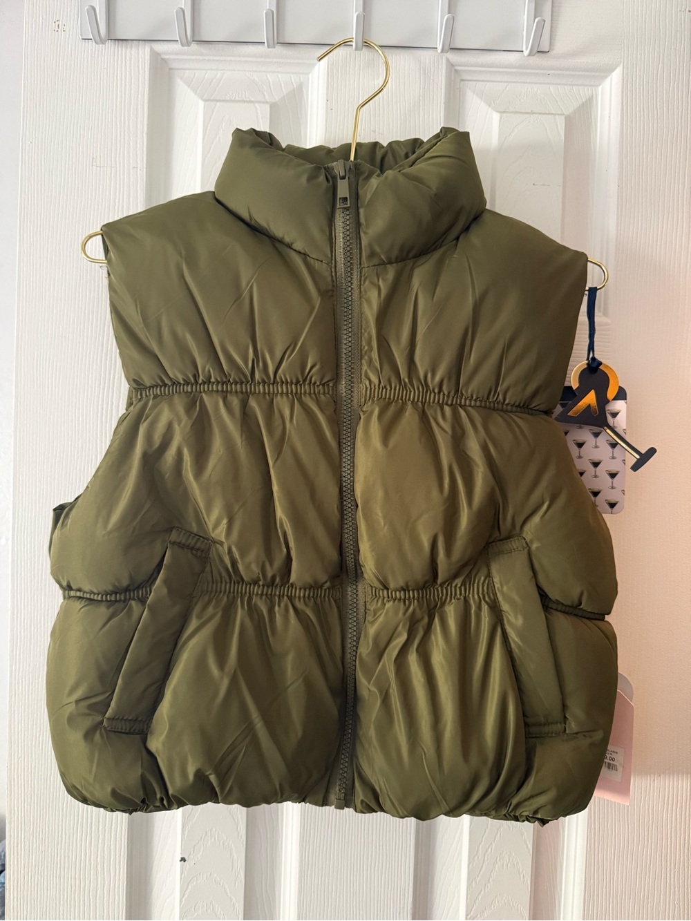Womens Olive Puffer Vest with High Collar - Brand - Blashe